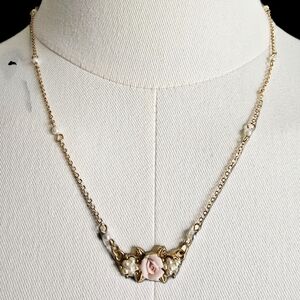 1928 Gold-Tone Necklace with Pink Porcelain Rose and Faux Pearls